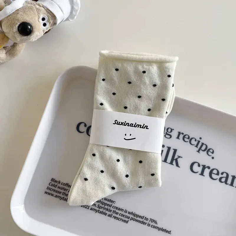 Vintage Cream Curled Edge Polka Dot Mid Tube Socks for Women Spring Summer Artistic Socks