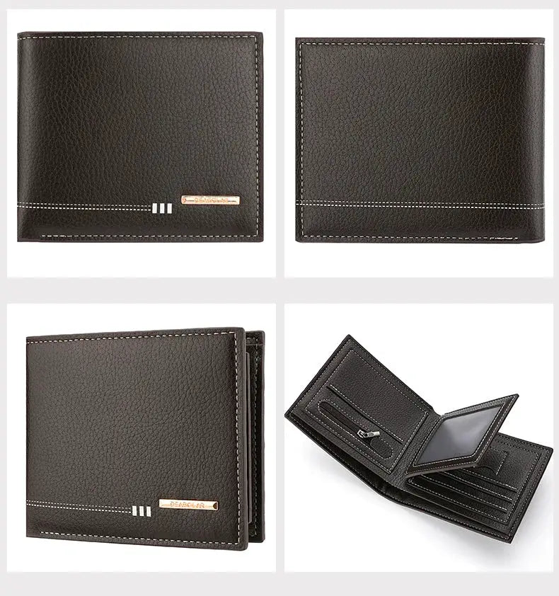 Simples Market men's brown lychee-textured leather wallet with zipper coin pocket and card slots