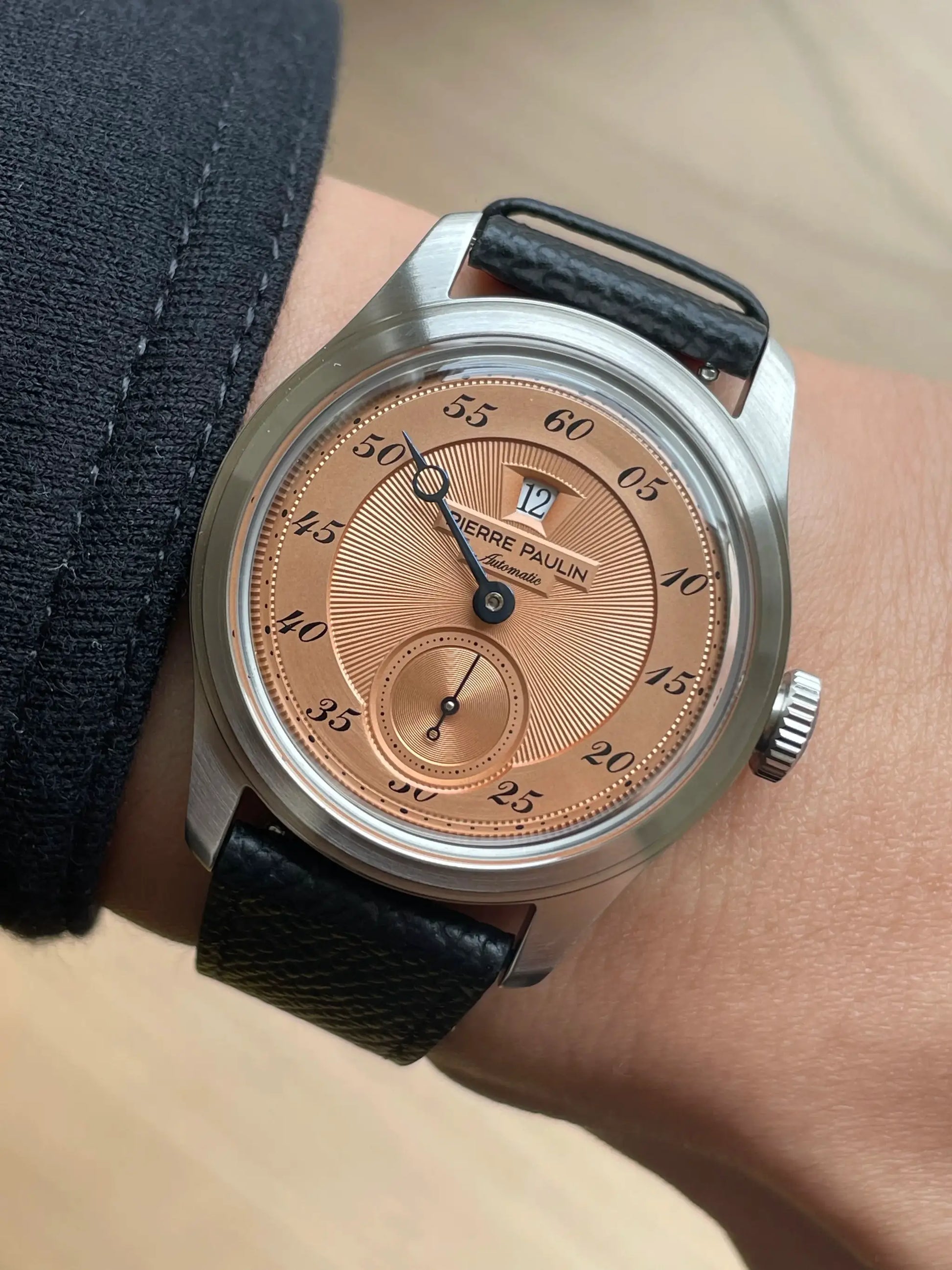 Pierre Paulin Jumping Hour men's watch with salmon dial, automatic, date window, black leather strap