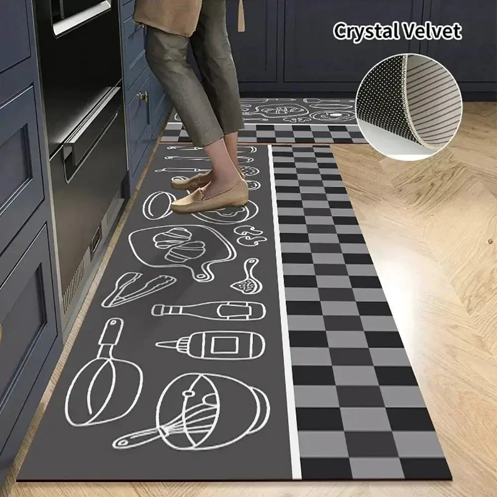 Non-slip kitchen mat runner in crystal velvet gray with white utensil drawings, long absorbent rug.