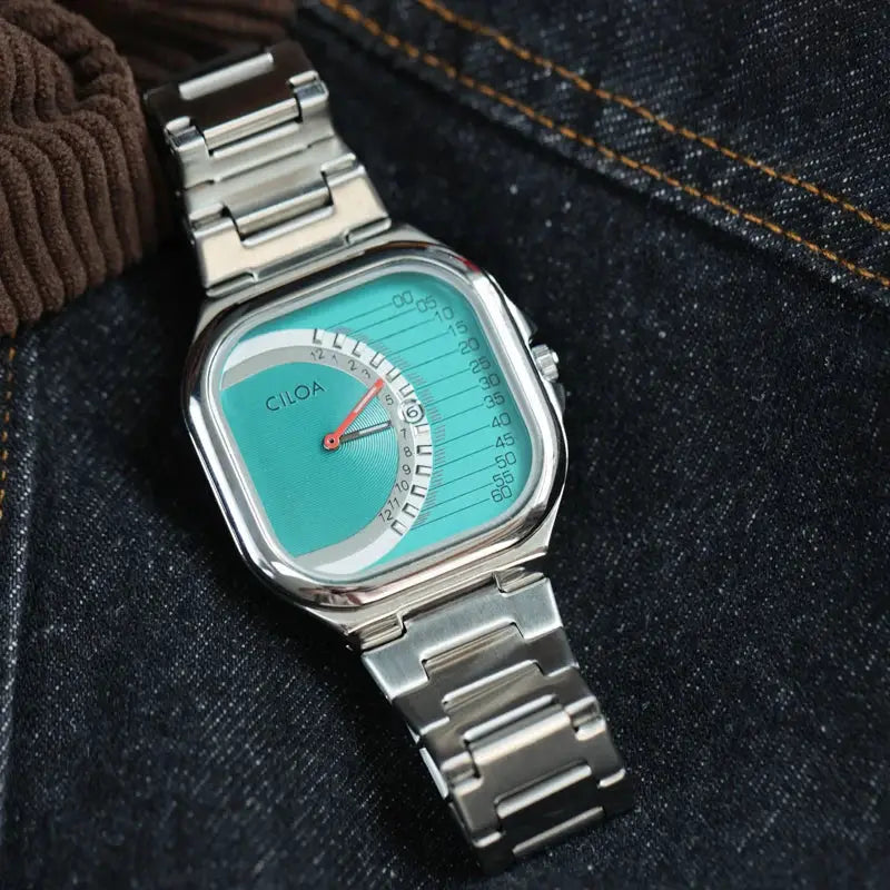 CILOA retro square men's watch with stainless steel strap and turquoise dial