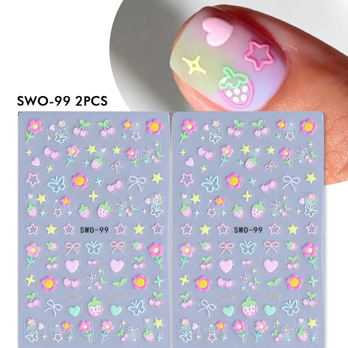 Nail art stickers set: 2 lavender sheets of colorful flower, heart, cherry, strawberry, bow and butterfly decals.