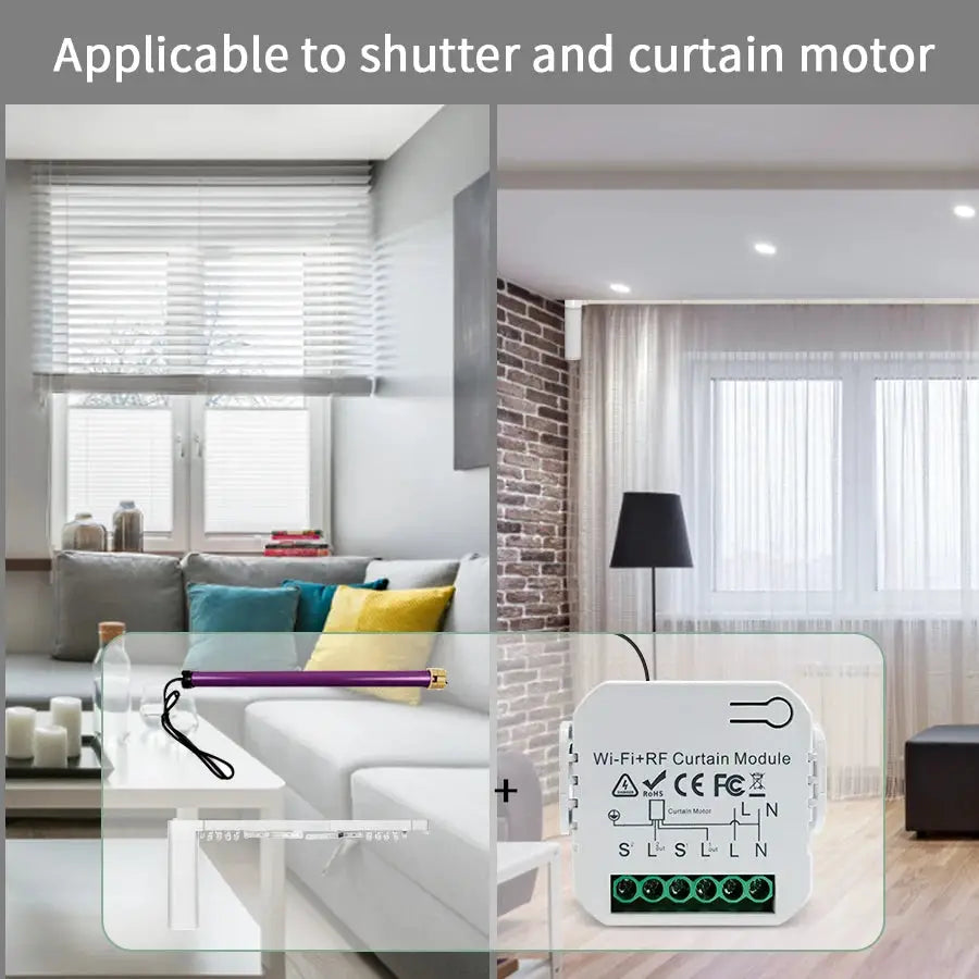 Simples Market Tuya WiFi Curtain Switch Module for roller blinds; white box with green terminals and purple remote, shown in living room.