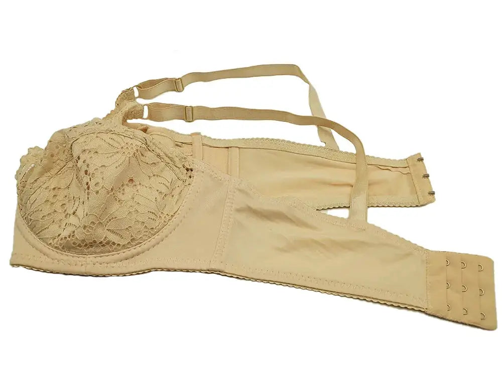 Beige lace full-cup bra with floral cups and back hook closure