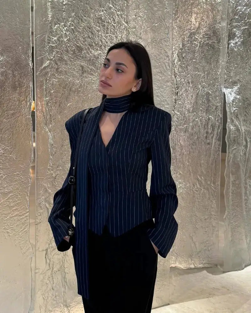 Trendix navy pinstripe blazer 2-piece set with matching skirt and scarf.