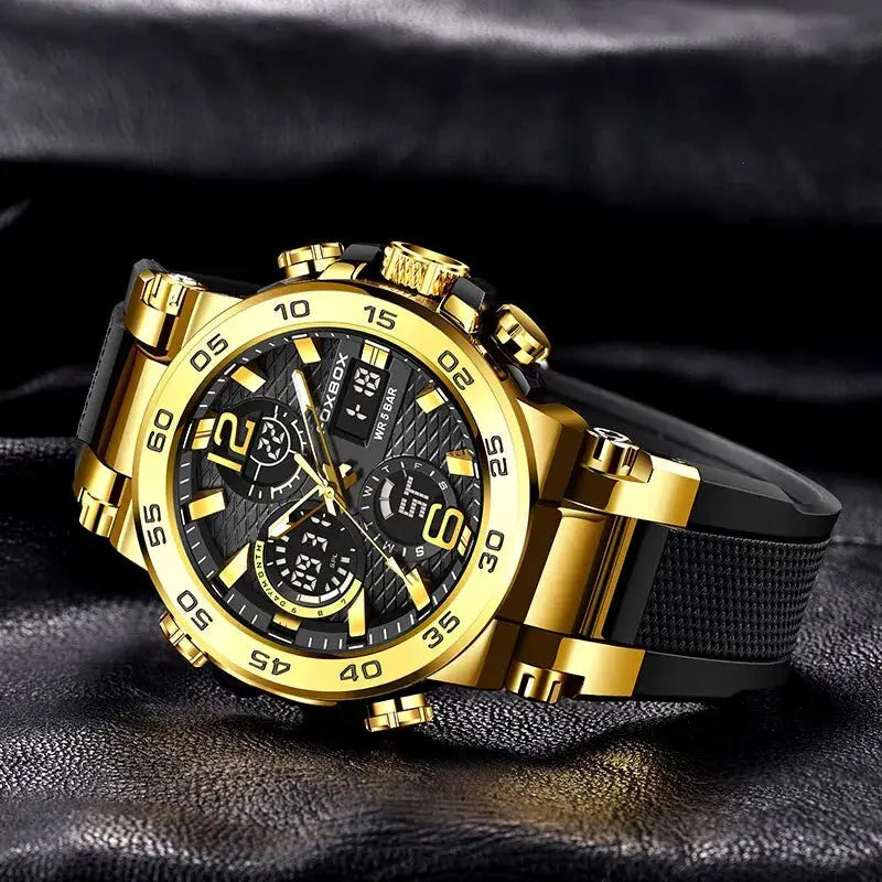 FOXBOX chronograph men's watch with gold-tone case and black strap