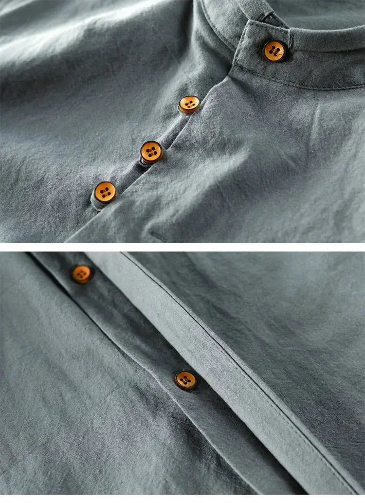 Men's linen-cotton shirt with stand collar, long sleeves, gray-blue color, wooden buttons