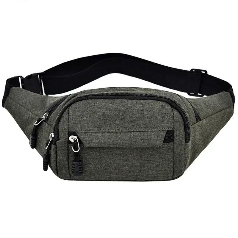 Simples Market unisex waist bag in gray fabric with large capacity, multiple zip pockets, and adjustable strap
