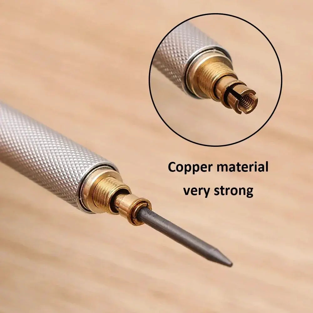 Metal mechanical pencil set with copper tip and textured silver body; close-up view
