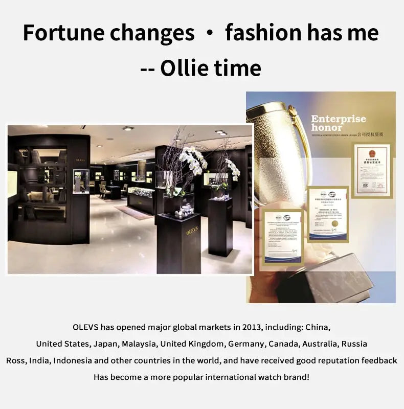 OLEVS 7013 men's watch showroom display with awards and certificates collage