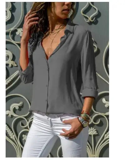 Autumn shirt by Simples Market, women's gray polo blouse, loose fit with button-up front and rolled sleeves.