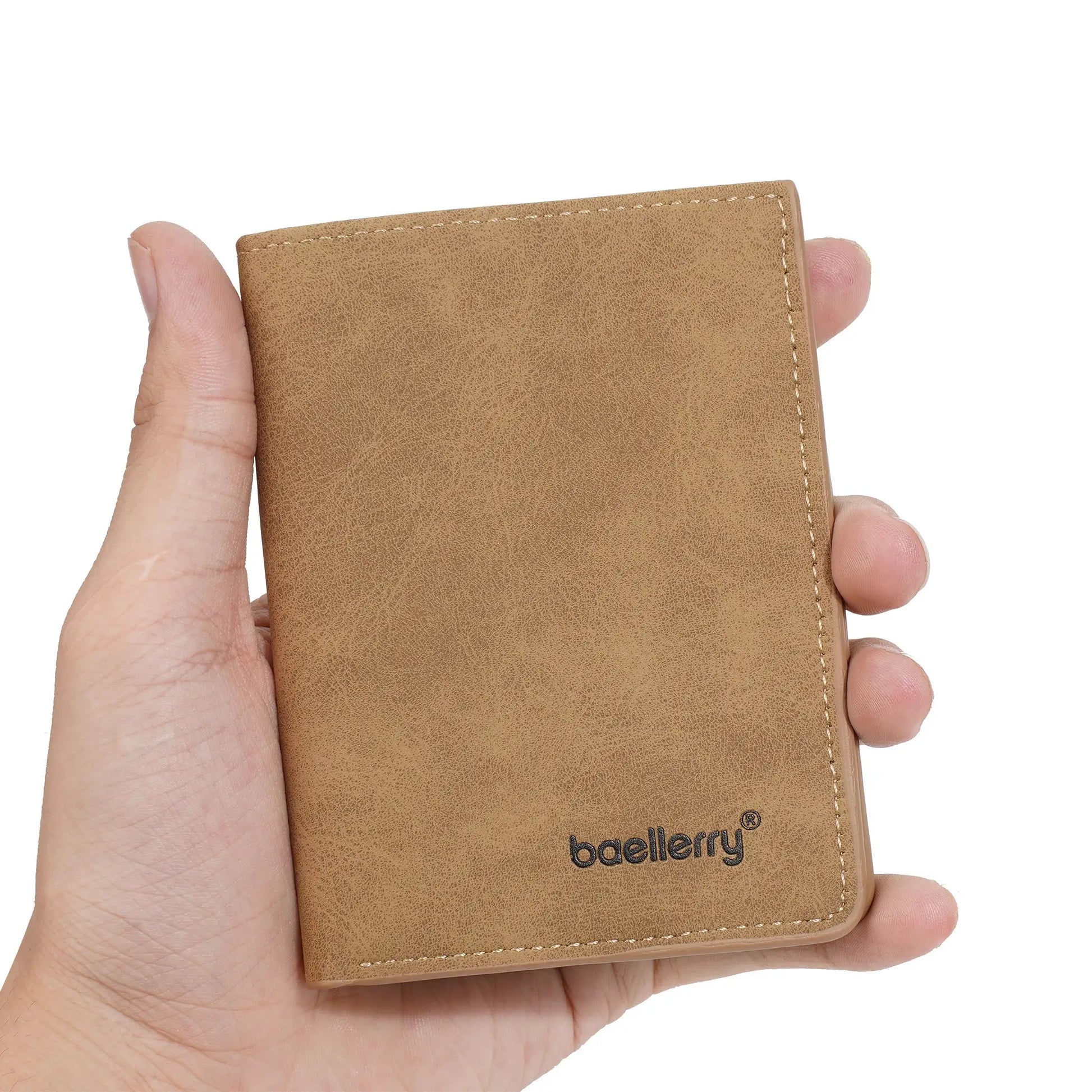 Baellerry tan leather men's short bi-fold wallet held in hand