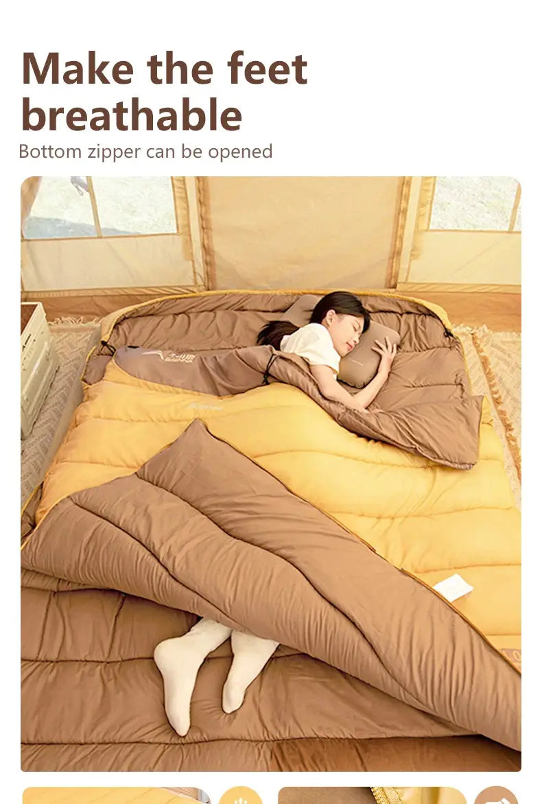 BISINNA 2-Person camping sleeping bag, brown and mustard yellow, four-season outdoor gear by Simples Market
