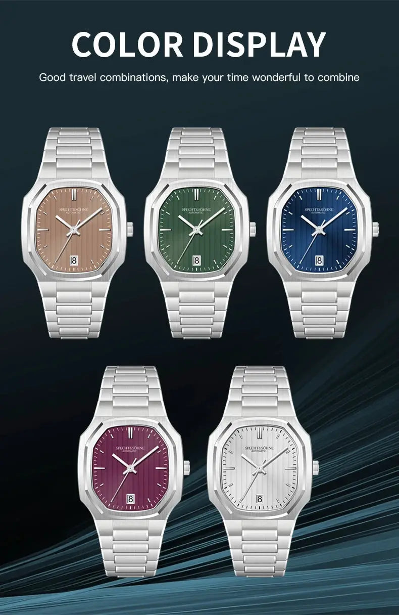 Specht&Sohne 37mm automatic men’s watches on stainless steel bracelet; five colors brown/green/blue/purple/silver (5).
