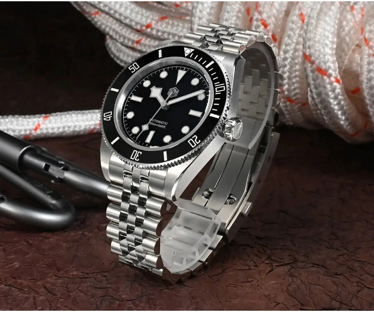 San Martin BB Diver watch, 40mm stainless steel bracelet, black dial with unidirectional bezel