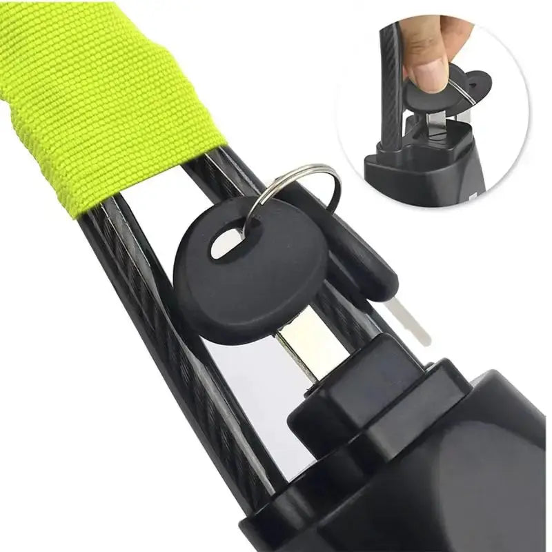 Car steering wheel lock with neon green strap, steel pin lock and two keys by Simples Market