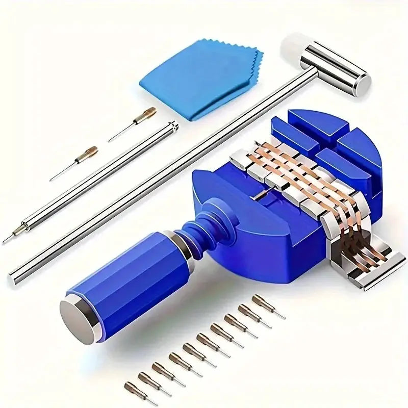 Watch link removal tool kit in blue by Simples Market with clamp, punch pins and blue microfiber cloth
