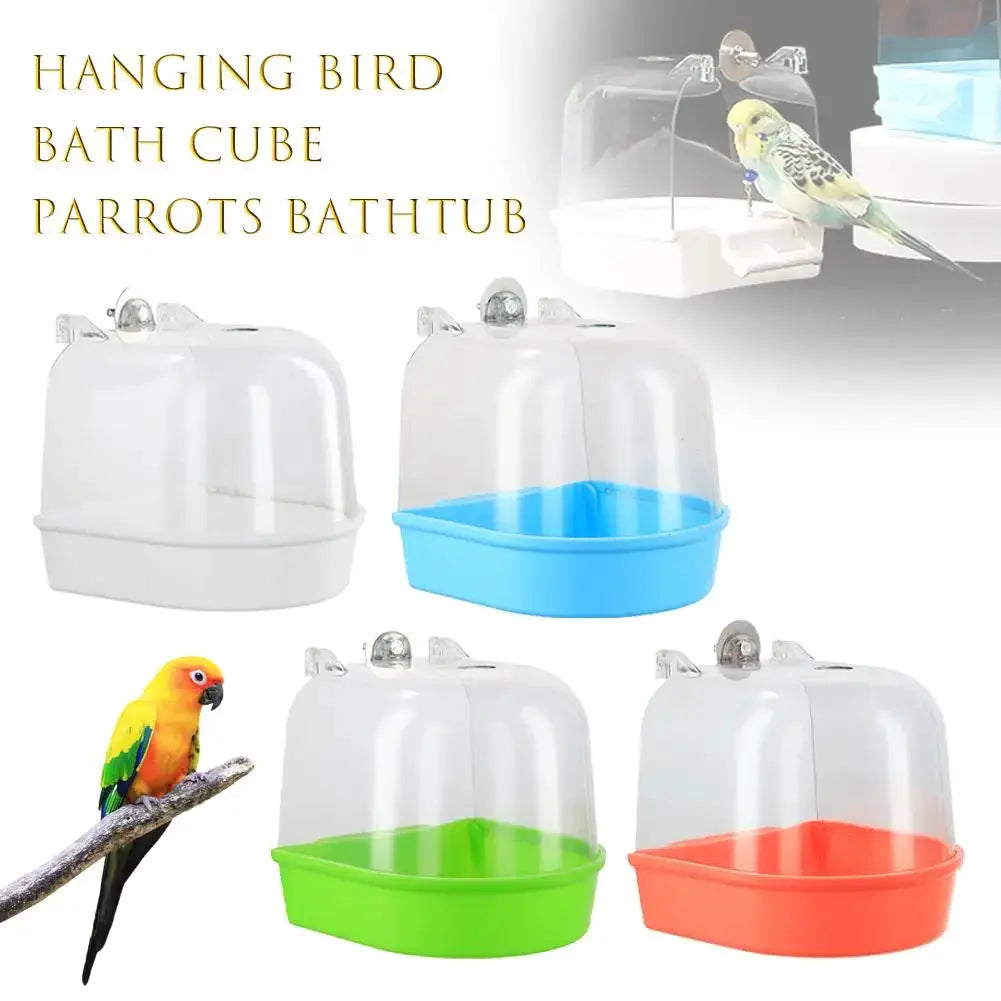 Hanging bird bath cube set for small birds; four colors: white, blue, green, orange