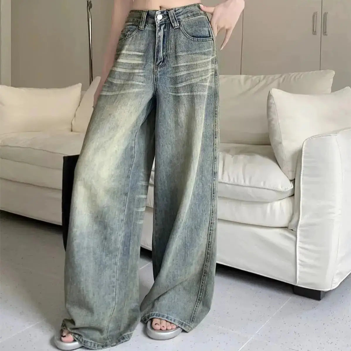 Y2K Loose Straight Leg Jeans Women Baggy Wide Fit High Waist Retro