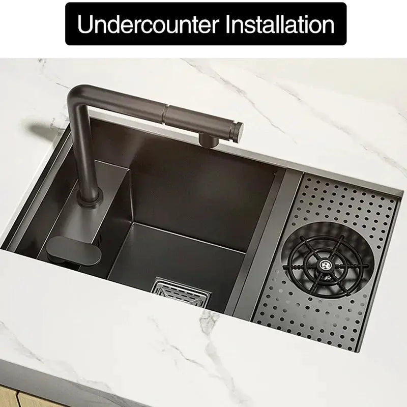 ASRAS Nano black matte single-bowl undercounter kitchen sink with lifting faucet and perforated draining area