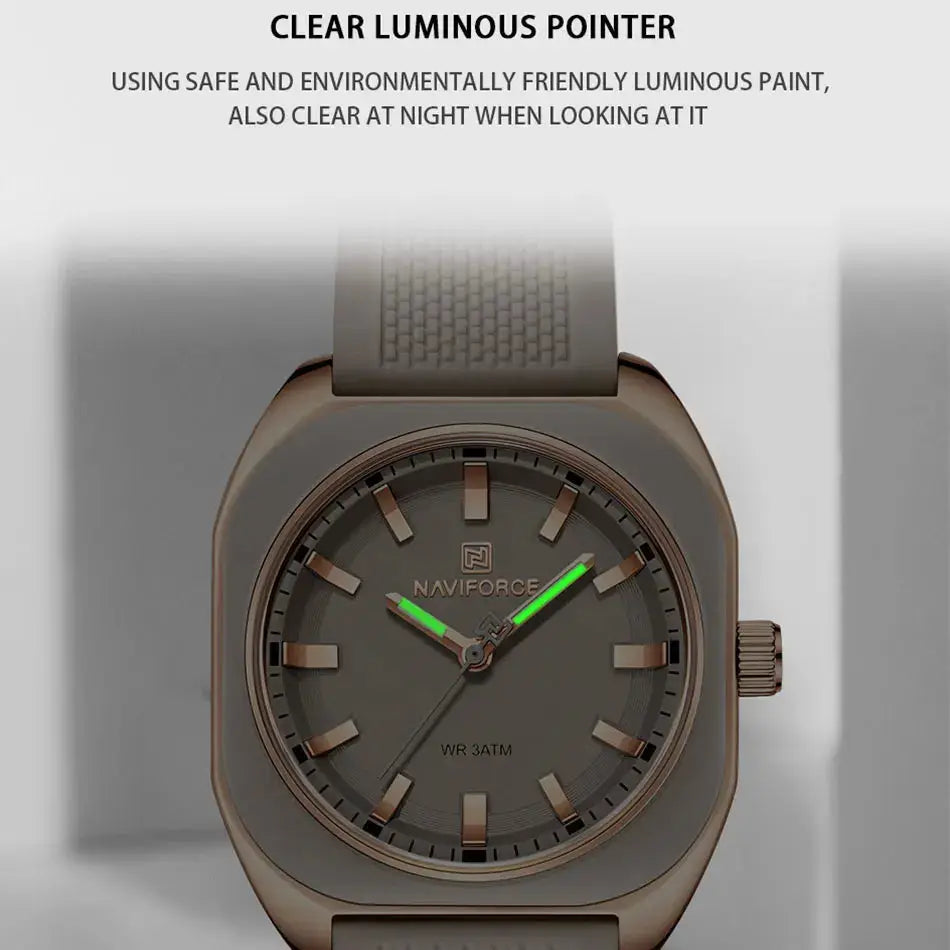 NAVIFORCE women's silicone wristwatch with grey dial, rose-gold case, beige strap, and luminous green hands