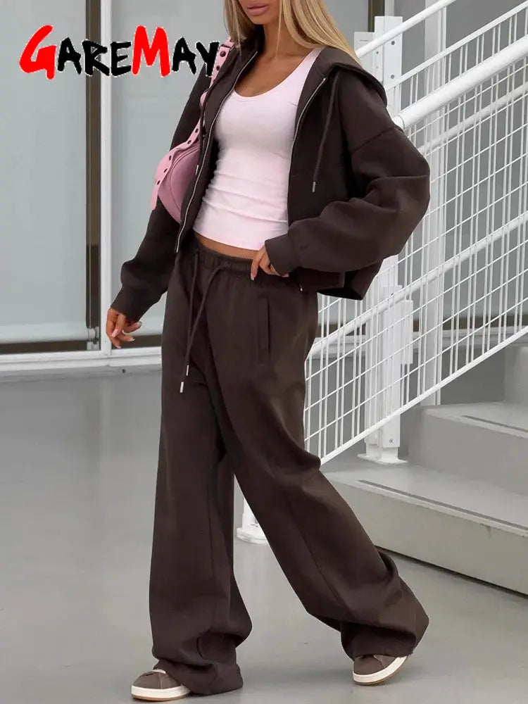 Autumn Women Tracksuit With Zipper Hooded Jacket And Wide Leg Trousers Two Piece Set Yellow Sportswear