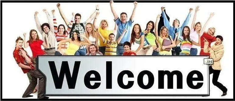 Group of diverse people cheering around a large Welcome sign; bright casual scene.