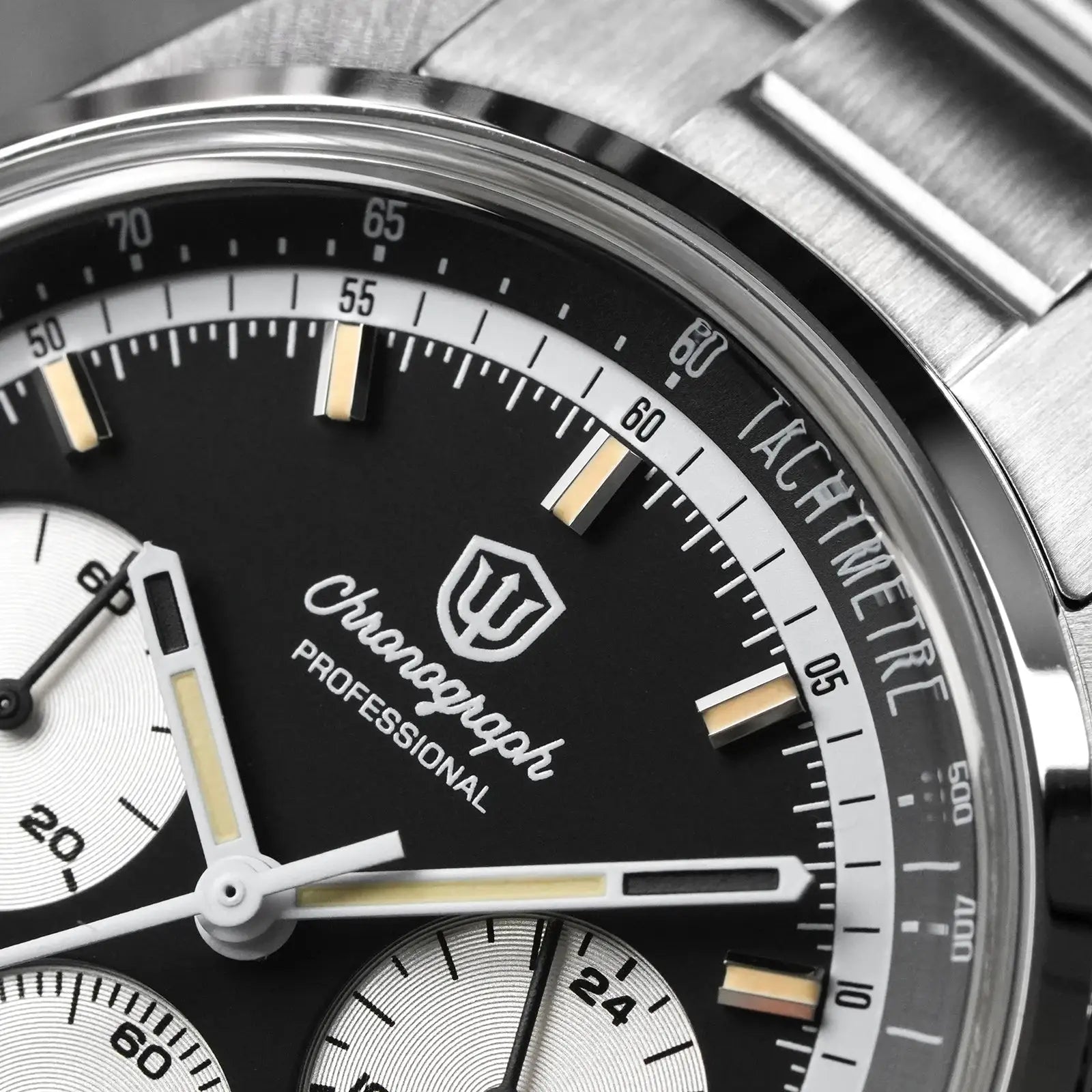 Chronograph wristwatch with stainless steel case, black dial, white subdials, tachymeter bezel, and Chopard logo visible.