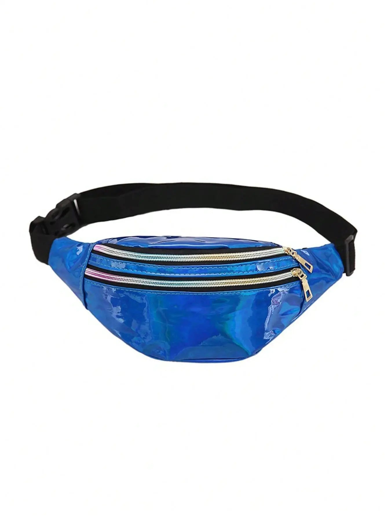 Waist bag holographic blue fanny pack with three zip pockets and black adjustable strap