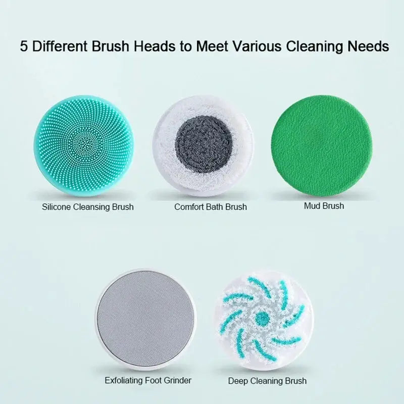 Simples Market 5-in-1 electric shower brush set with 5 heads: silicone, bath, mud, foot grinder, deep cleaning