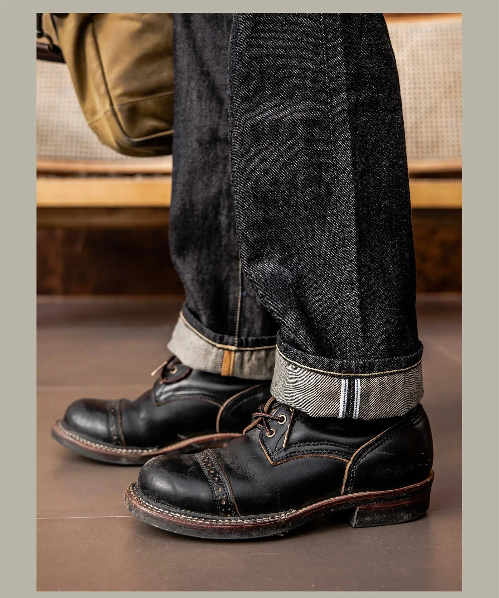 Red Tornado American Pants denim jeans by Simples Market, dark indigo 12oz selvedge, loose straight fit with cuffed hems