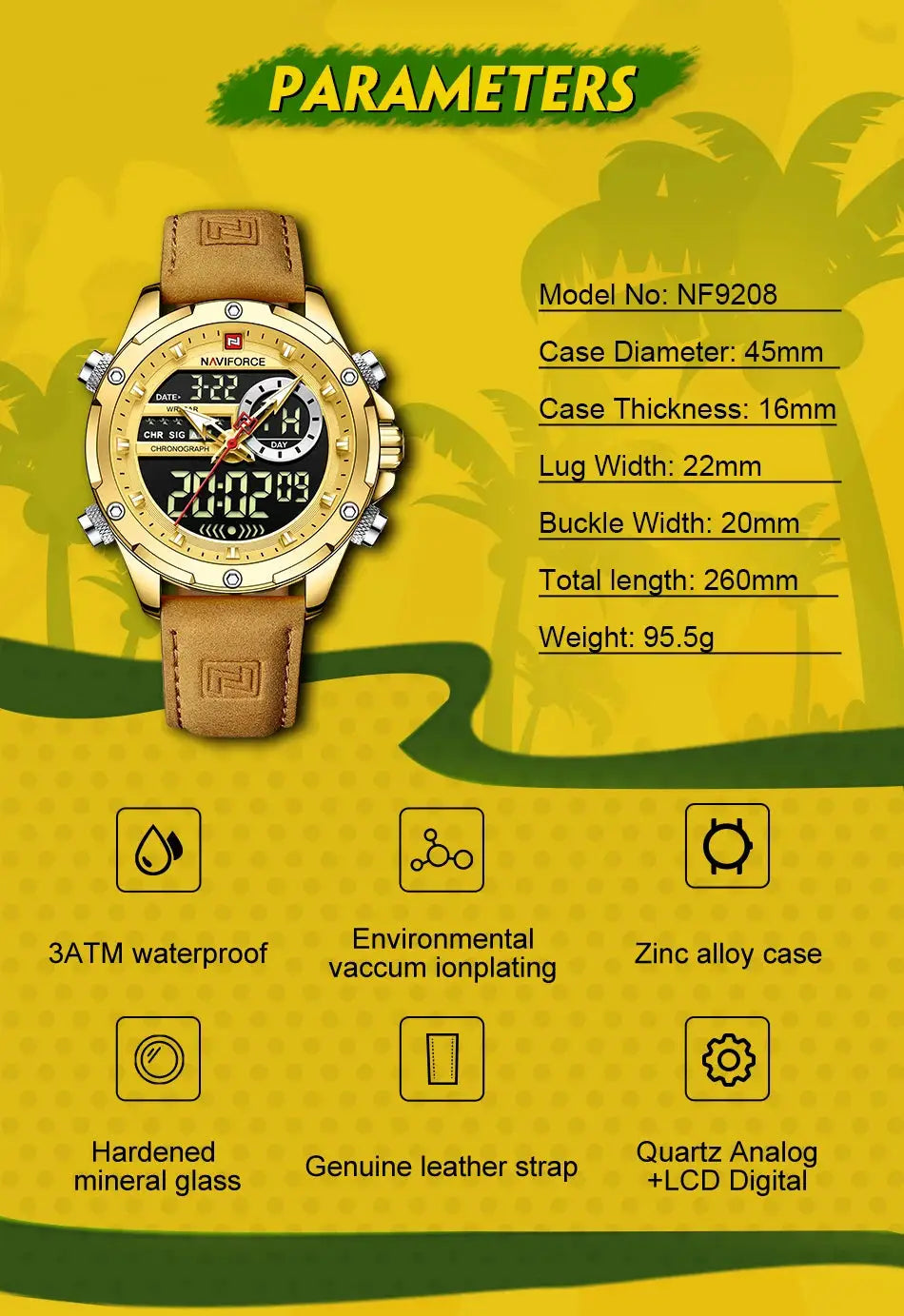 NAVIFORCE men's luxury chronograph wristwatch with gold-tone case, brown leather strap, digital-analog display