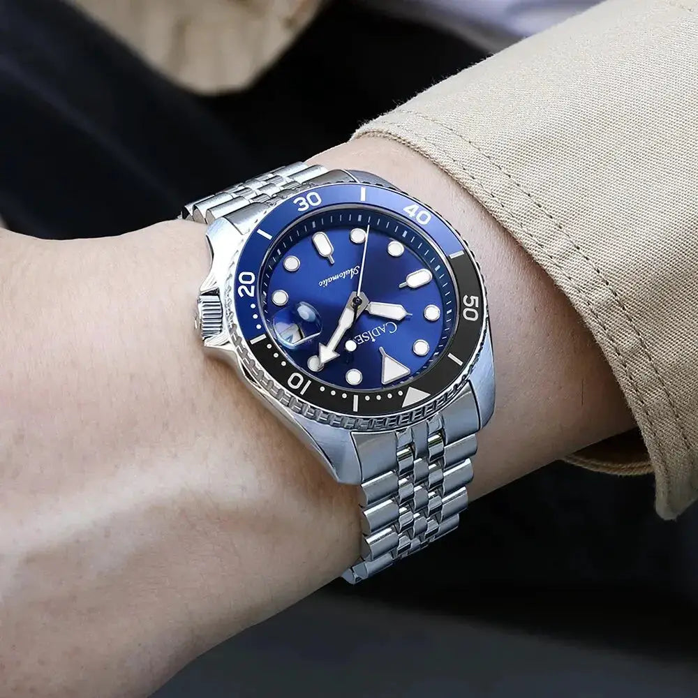 Cadisen men's automatic watch with blue dial, ceramic bezel, sapphire glass, stainless steel bracelet