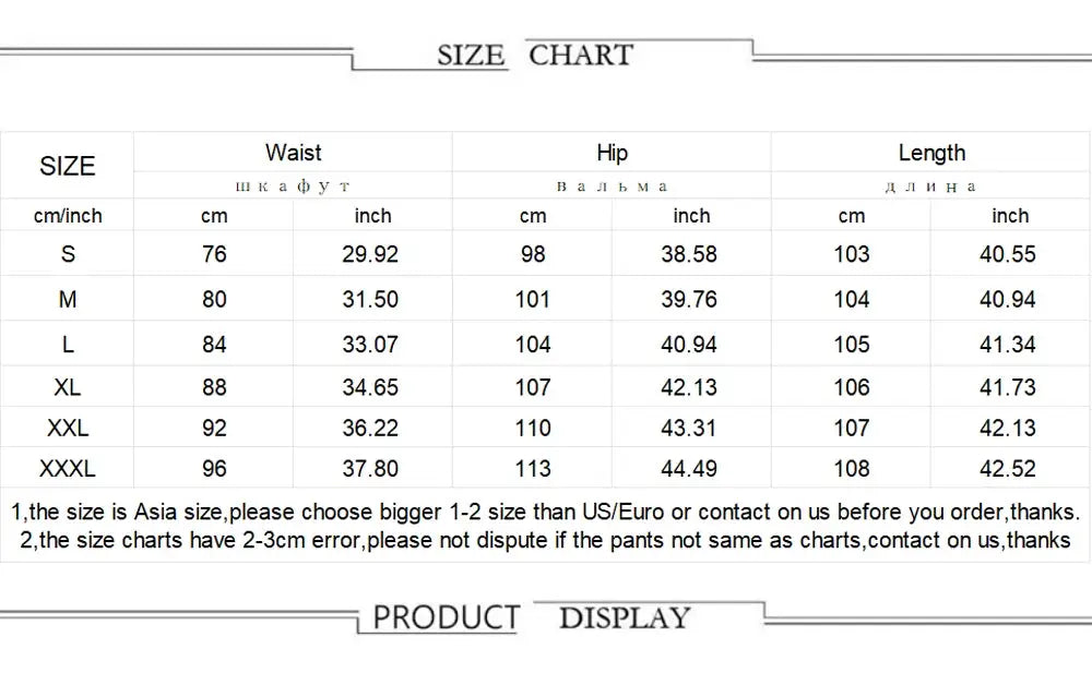Street Elastic Jeans Men Denim Cargo Pants size chart showing waist, hip and length options by Simples Market