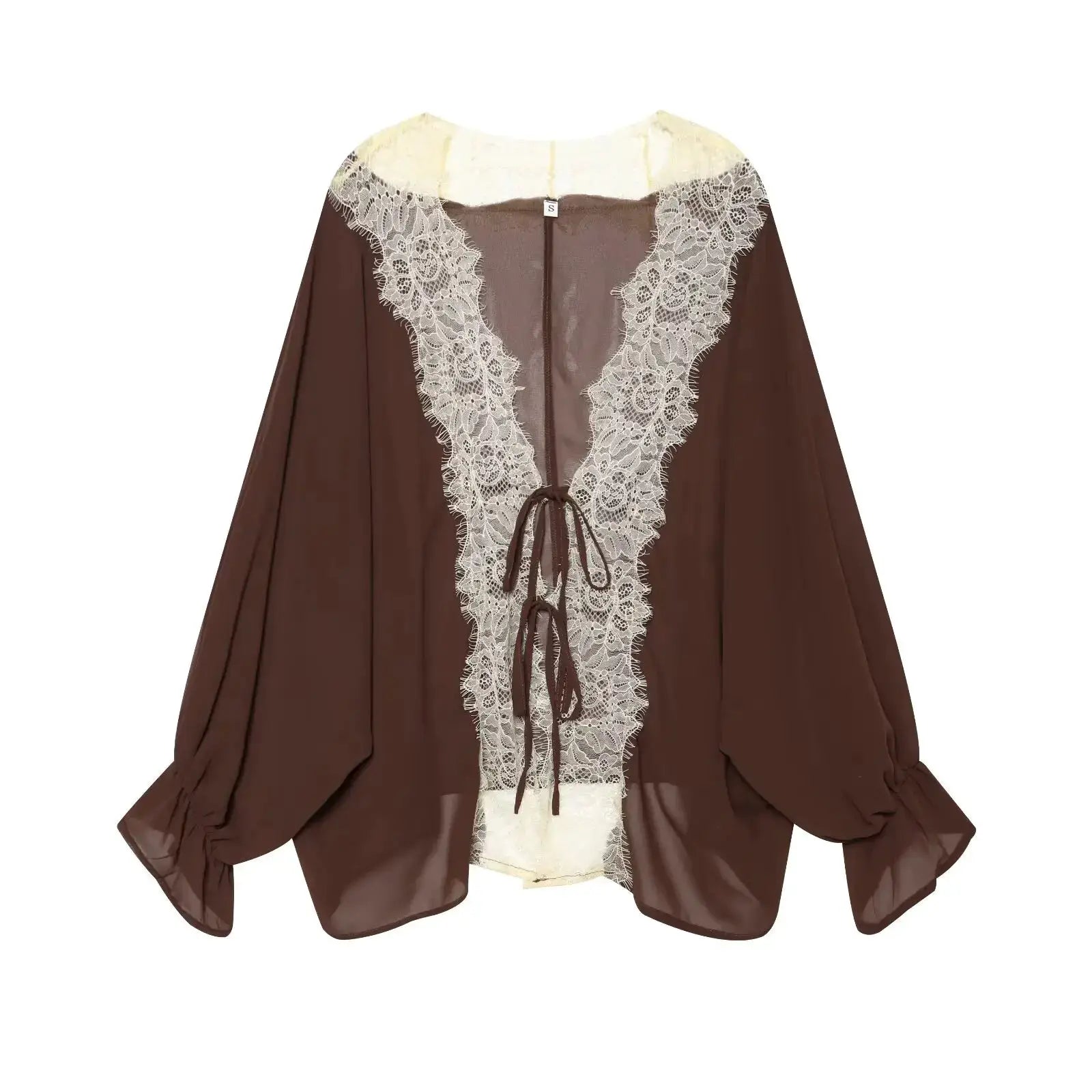 TFMLN women's lace patchwork lantern-sleeve blouse in brown with cream lace trim and tie-front by Simples Market