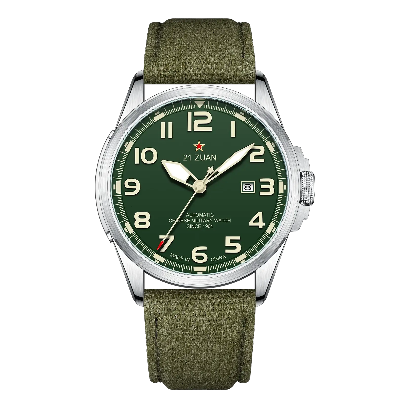 Seagull military men's watch with green dial, luminous hands, stainless steel case, olive fabric strap