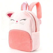 Cat-face plush backpack for kids in pink with ears and front pocket.