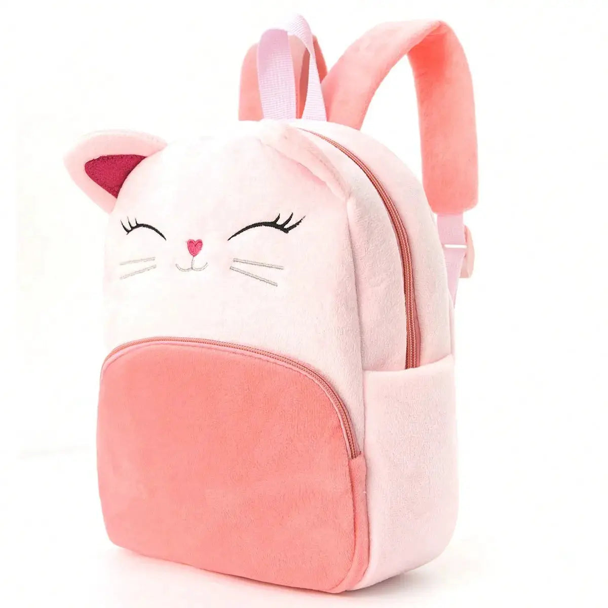 Cat-face plush backpack for kids in pink with ears and front pocket.