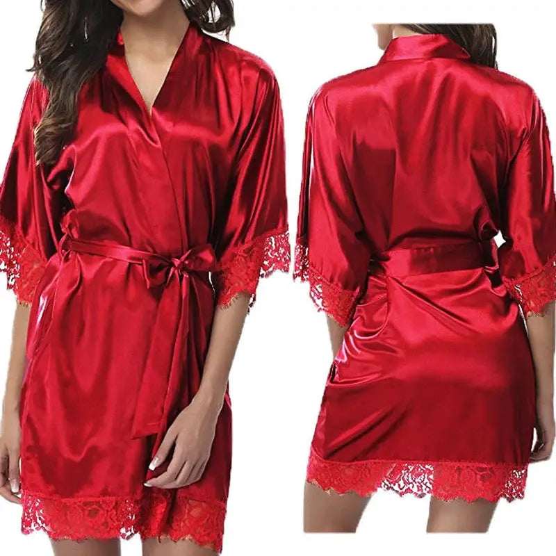 LuxeIce Womens Ice Silk Glossy Robe Pajamas Above Knee Length With Lace Trim Sexy Yet Comfortable Nightwear