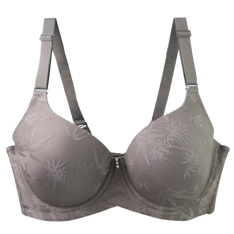 DaiNaFang bra for women, full-cup push-up, grey with botanical embroidery, adjustable straps
