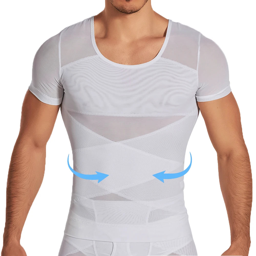 Mens white mesh short-sleeve compression undershirt body shaper with waist-contour panels