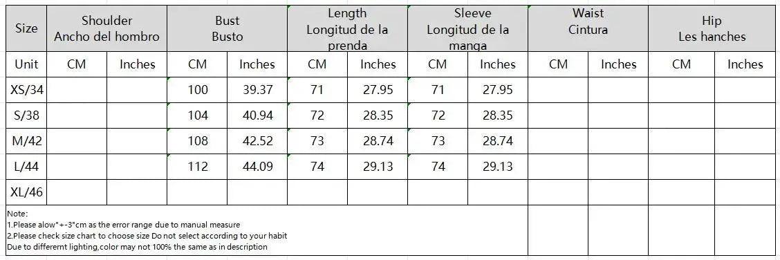 Women's casual ruffled shirt size chart by Simples Market with shoulder, bust, length & sleeve measurements XS–XL.