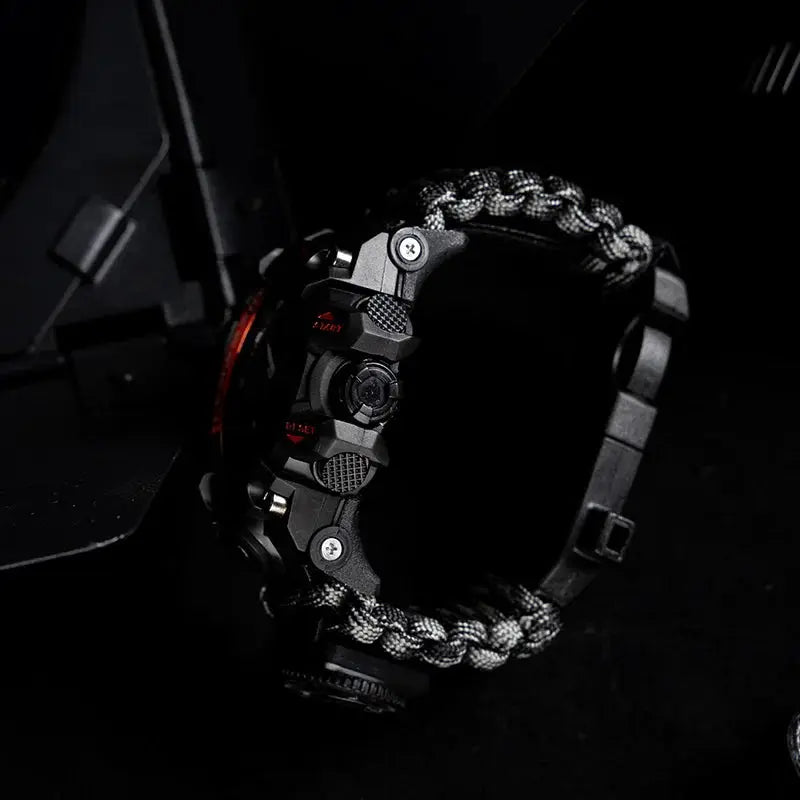 SHIYUNM Men's Military Digital Watch with Compass, rugged black case and gray paracord strap