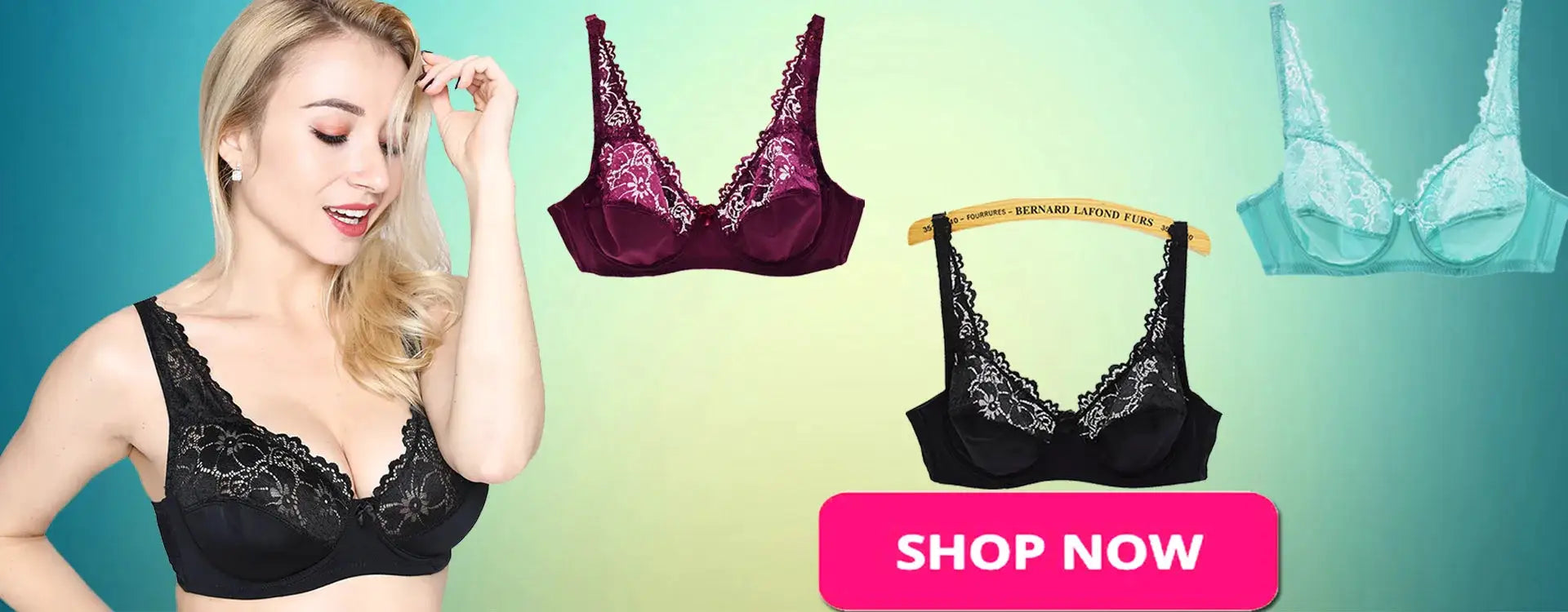 Womens lace underwire bras by Simples Market; four-piece display in black, burgundy, turquoise.