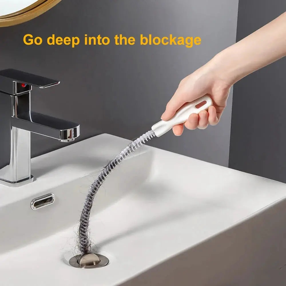Pipe dredging brush by Simples Market; white handle with flexible metal bristle drain cleaner for sinks