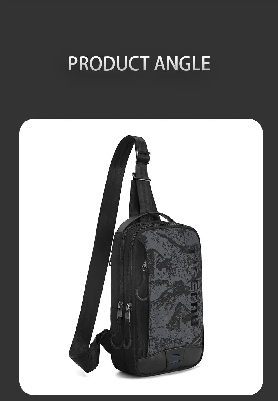 Tigernu chest bag for men, black camo crossbody with adjustable strap and dual-zip pockets