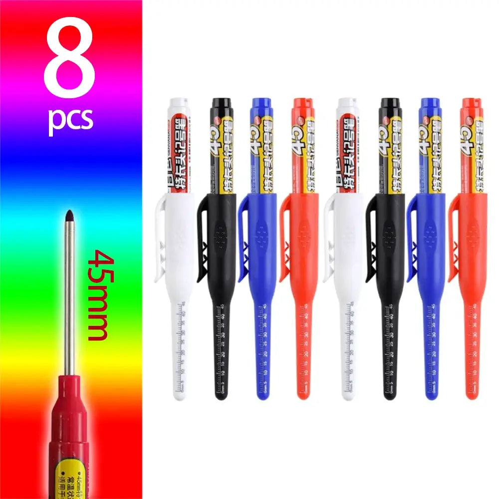 8-piece set of 45mm long nib carpenter marker pens with built-in rulers in black, blue, red and white