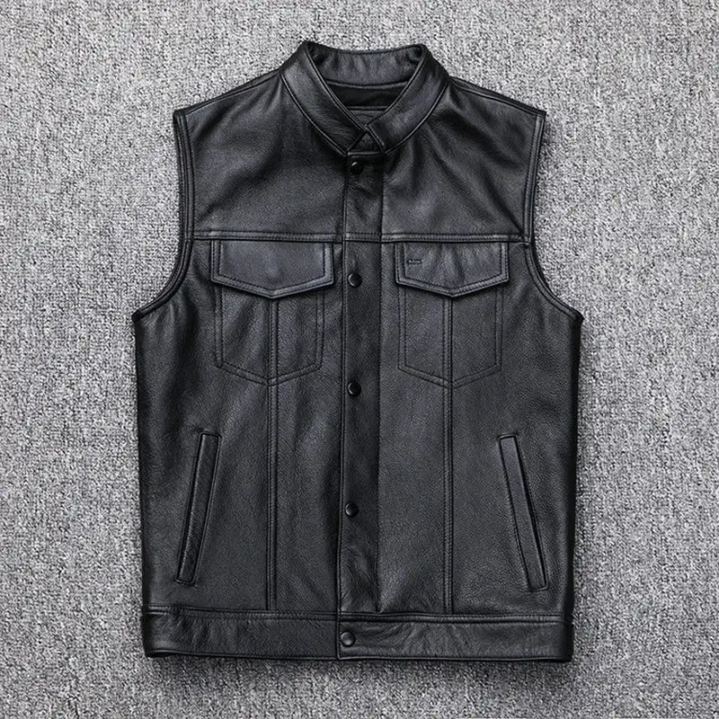 Simples Market men's faux leather waistcoat with stand collar, black biker vest with chest pockets.
