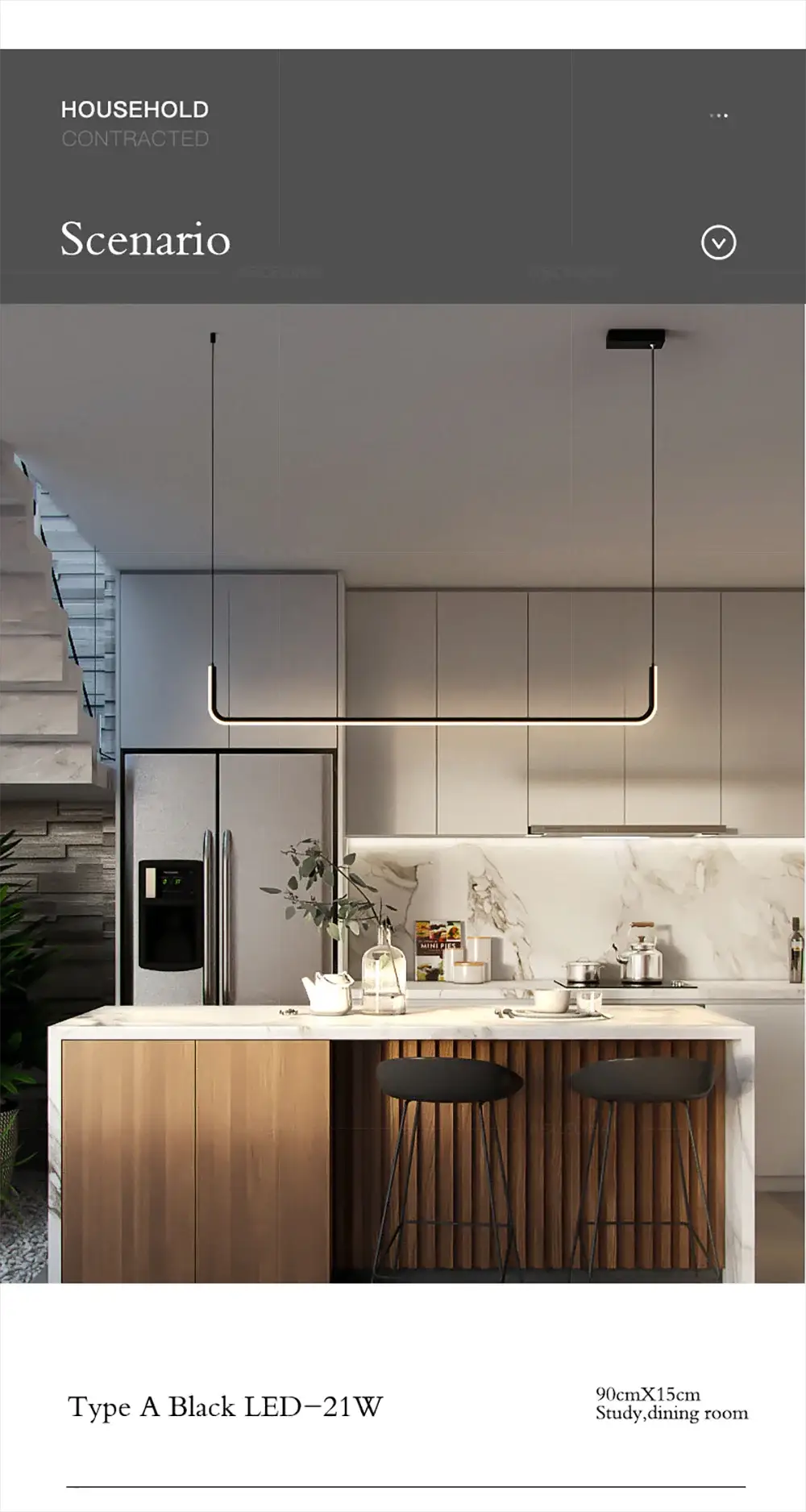 Simples Market modern LED strip chandelier; gold-finish U-shaped hanging pendant for kitchen island.