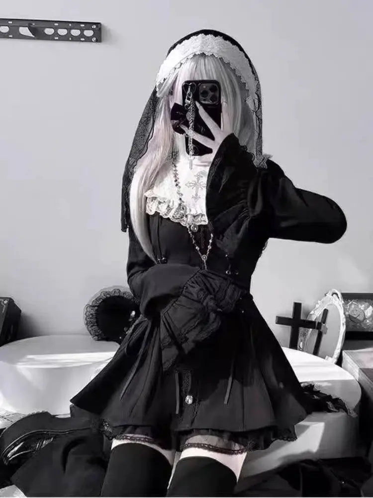 Japanese Gothic Lolita Dress Set Women Harajuku Y2K Bow Lace Ruffles